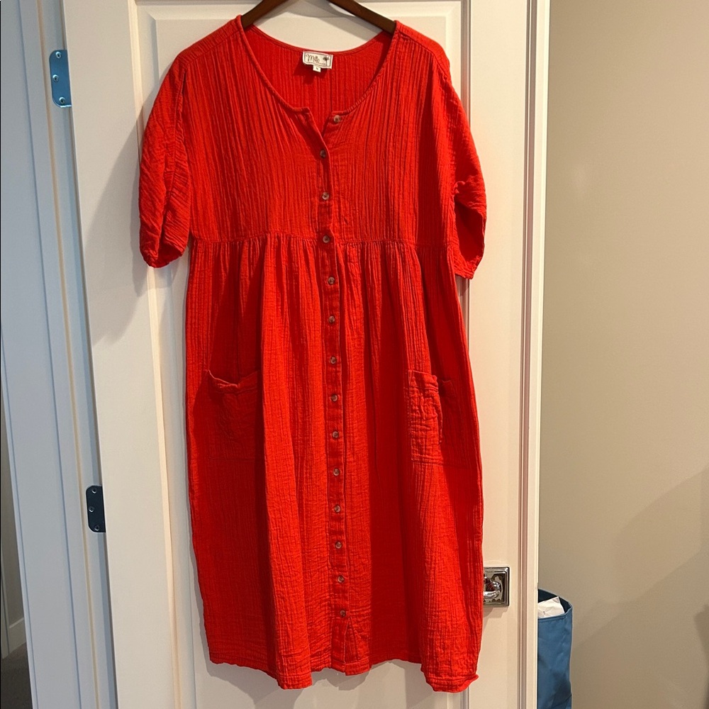 Red Gauze Resort-wear Button-Down Midi Dress